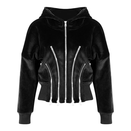 Gold Velvet Hooded for Women Autumn Thickened Composite Multi Metal Zipper Split Waist Trimming Women