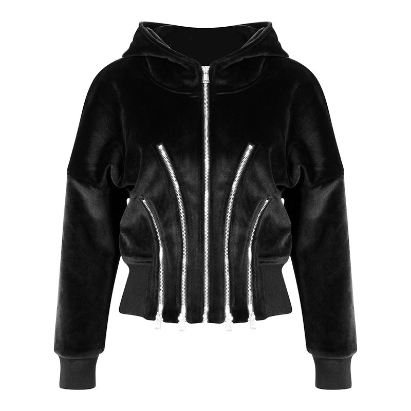 Gold Velvet Hooded for Women Autumn Thickened Composite Multi Metal Zipper Split Waist Trimming Women