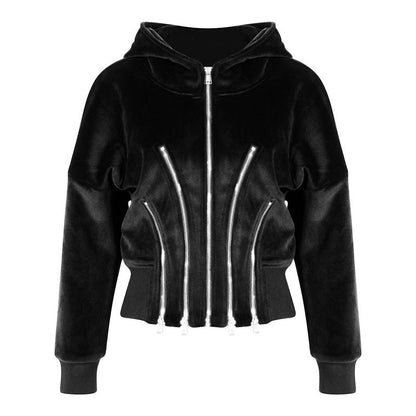 Gold Velvet Hooded for Women Autumn Thickened Composite Multi Metal Zipper Split Waist Trimming Women