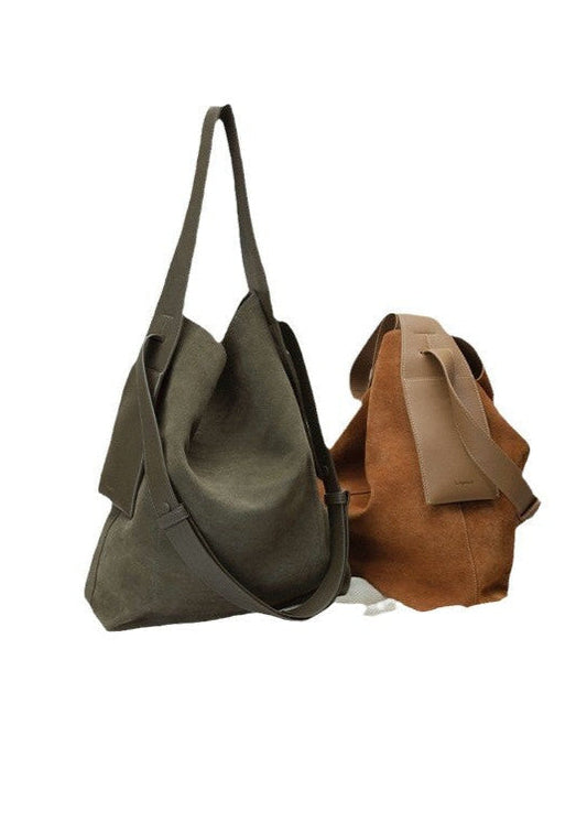Suede and Leather Bucket Tote Bag