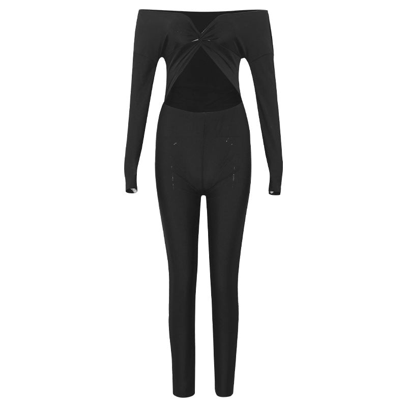 Autumn Solid Color V Neck Twist Hollow Out Cutout Cropped Sexy High Waist Long Sleeve Jumpsuit