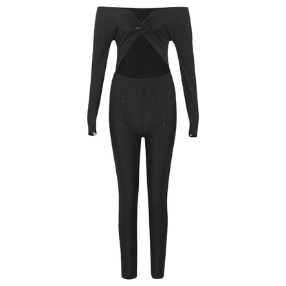 Autumn Solid Color V Neck Twist Hollow Out Cutout Cropped Sexy High Waist Long Sleeve Jumpsuit
