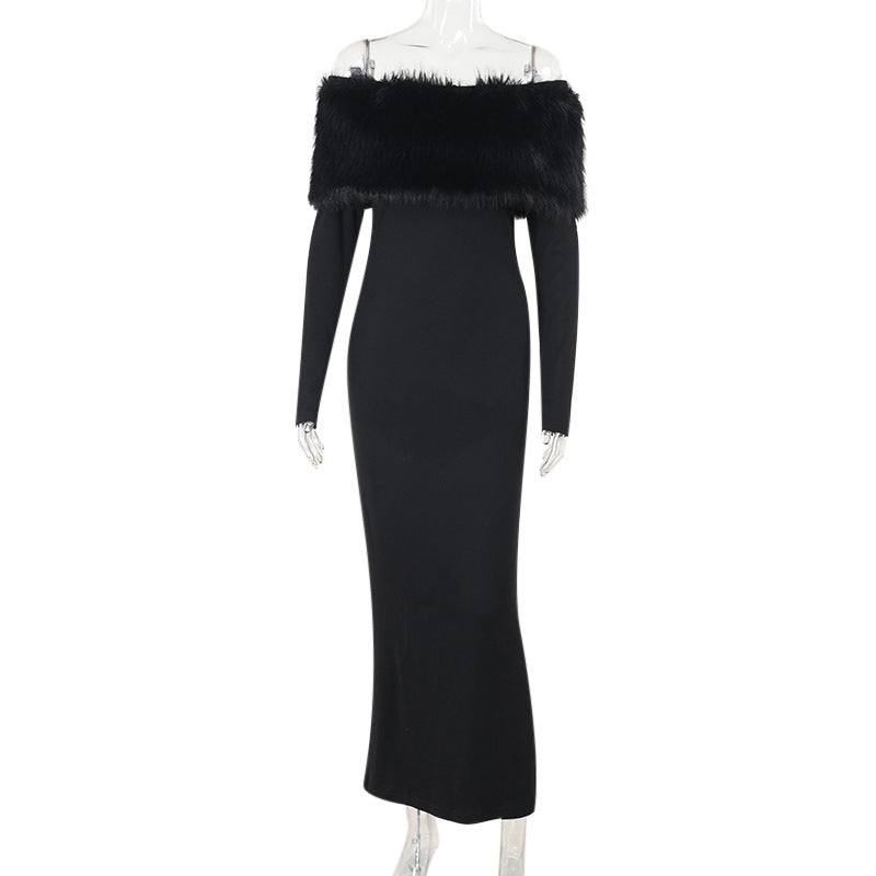 Autumn Maxi Dress Elegant off Shoulder Fur Collar Slim Fit Dress Women