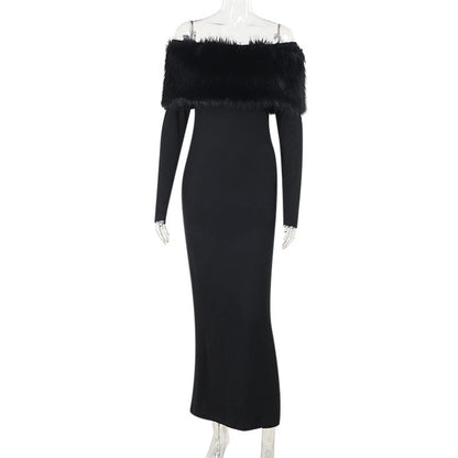Autumn Maxi Dress Elegant off Shoulder Fur Collar Slim Fit Dress Women
