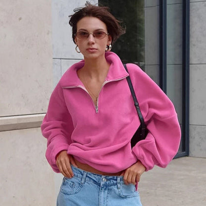 Autumn Winter Pink Collared Fleece Sweatshirt Women Lamb Wool Tops
