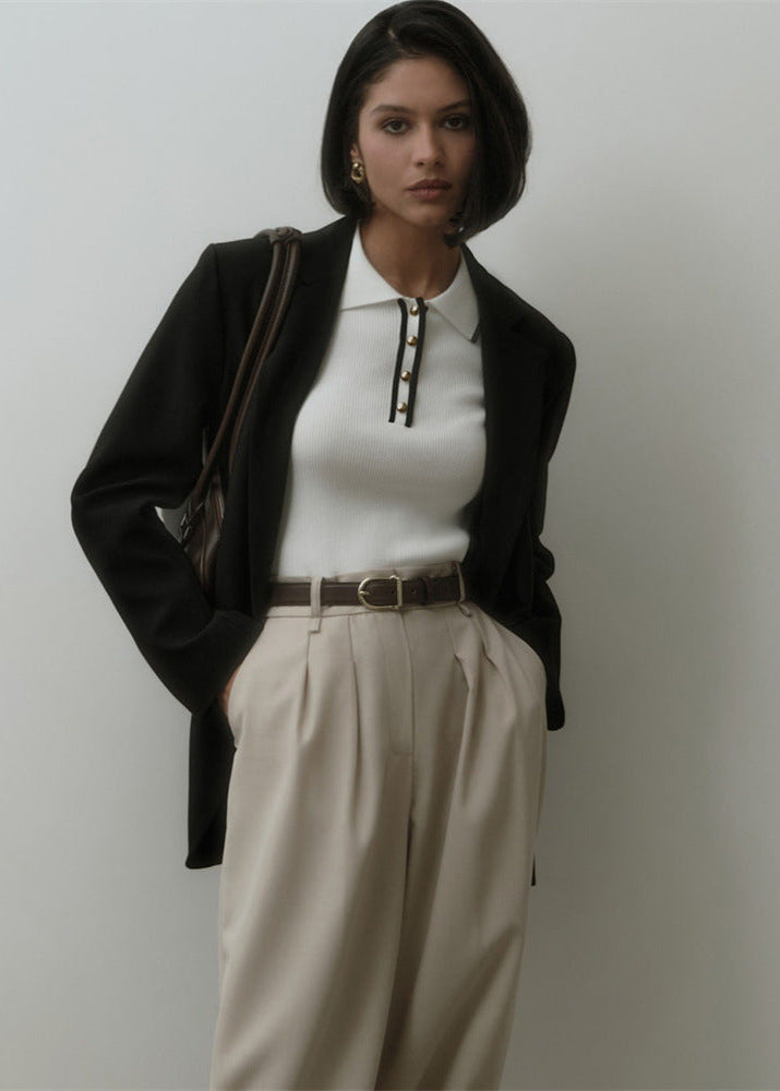 Vienna Line - Ribbed Knit Polo Top with Contrast Trim