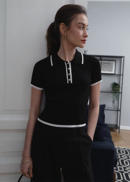 Vienna Line - Ribbed Knit Polo Top with Contrast Trim