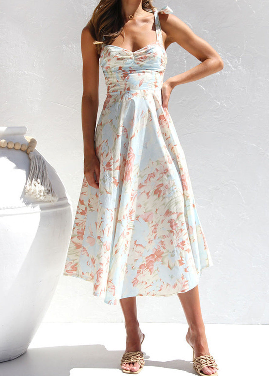 Aquarelle Dress – Soft Blue Floral Tie-Shoulder Midi