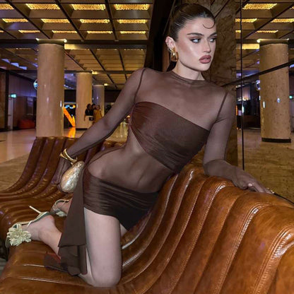 Vestido de otoño-invierno para mujer, sexy, de malla, con aberturas, plisado, cuello redondo, ajustado, de manga larga.