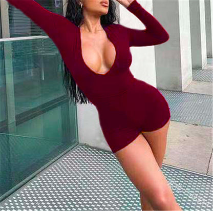 Autumn Sexy Low Cut Solid Color Slim Fit Backless Drawstring Strap Romper