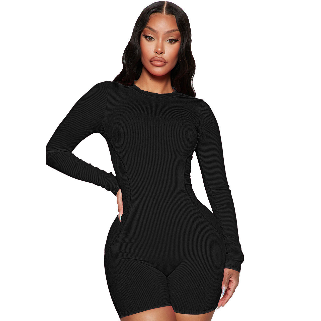 Women Clothing Spring Thread round Neck Stitching Line Casual Sports Romper