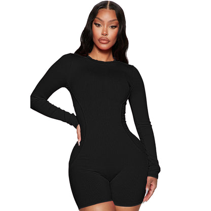 Women Clothing Spring Thread round Neck Stitching Line Casual Sports Romper