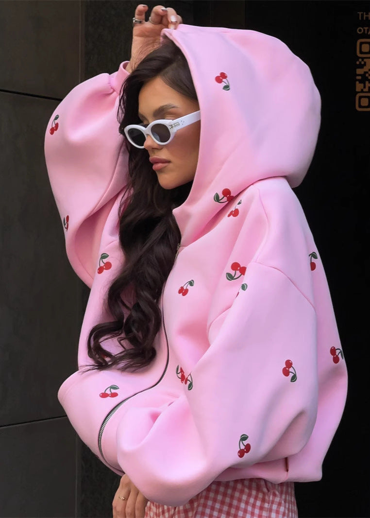 Cherry Mood - Oversized Zip-Up Hoodie with Puff Sleeves