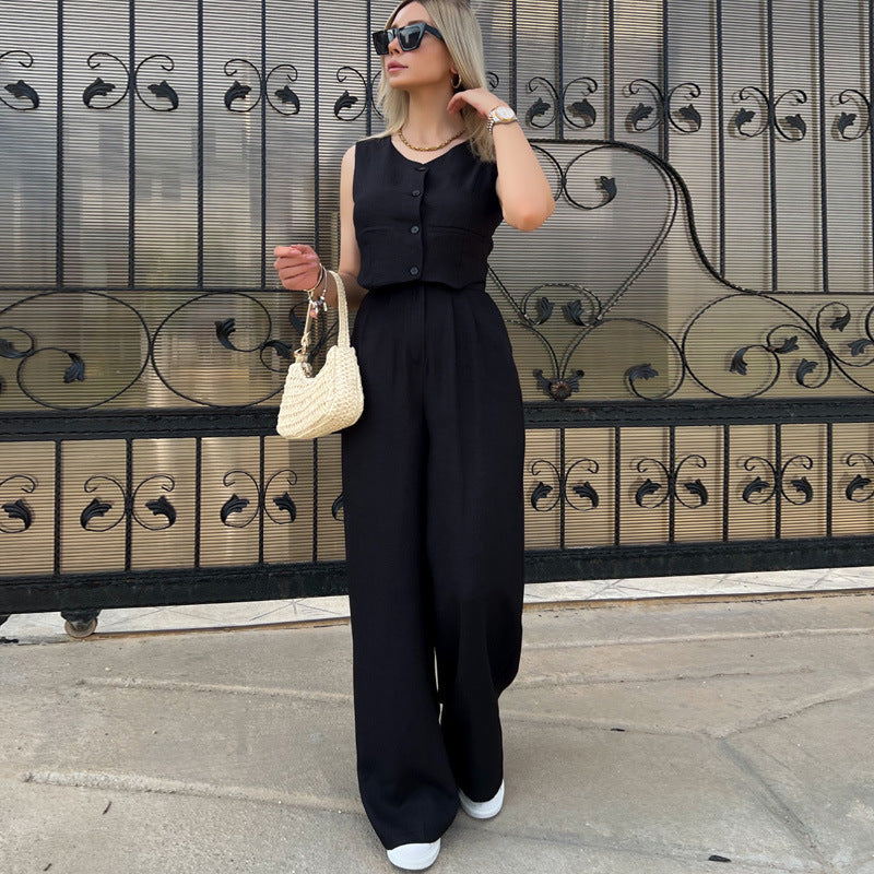 Conjunto de dos piezas formado por camiseta y pantalón corto de verano, sin mangas, color liso, para mujer