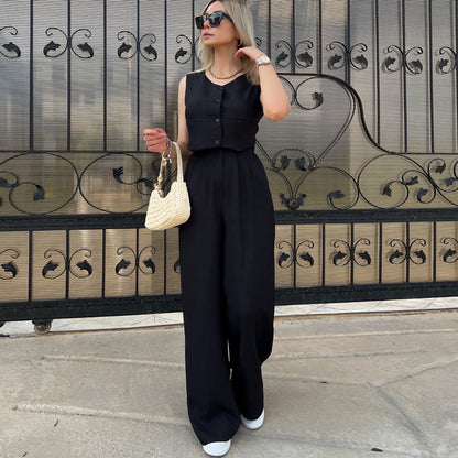 Conjunto de dos piezas formado por camiseta y pantalón corto de verano, sin mangas, color liso, para mujer