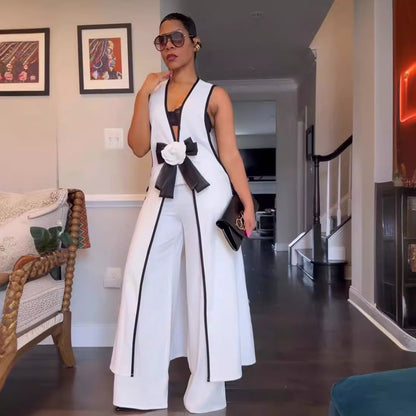 Conjunto de chaleco largo sin mangas con lazo de camelia sexy para mujer, pantalones de pierna ancha