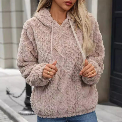 Autumn Winter Women Clothing Plush Jacquard Fabric Long Sleeve Loose Hooded Pullover Sweatshirt