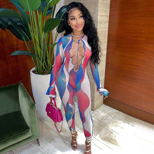 Autumn Sexy Mesh See through Tied Long Sleeves Jumpsuit