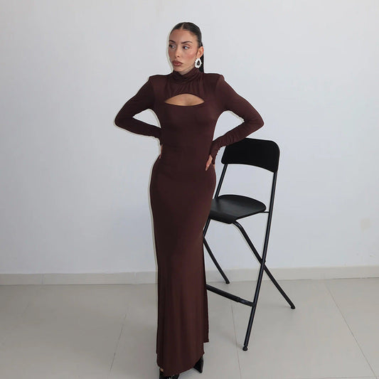 Autumn Winter Chest Hollow Out Cutout out Long Sleeve Slim Fit Sexy Solid Color Dress Maxi Dress Women