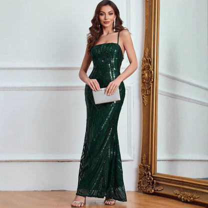 Sexy Sequined Backless Sling Dress Women Clothing Party Evening Dress