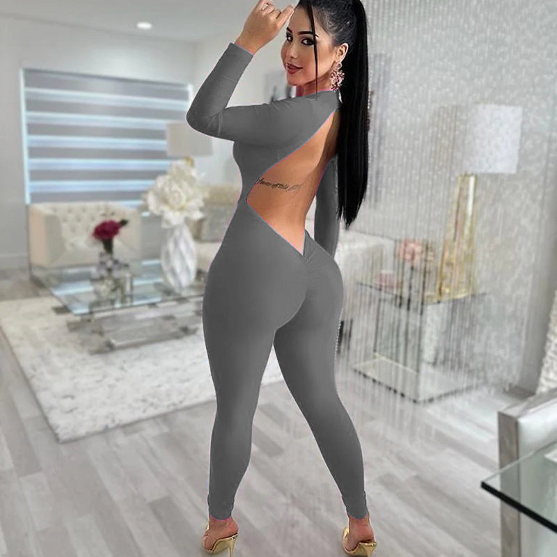 Autumn Deep V Plunge neck Long Sleeved Leggings Women Sexy Backless Tight Jumpsuit