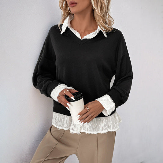 Autumn Casual Top Collared Patchwork False Two Piece Sweatshirt Women