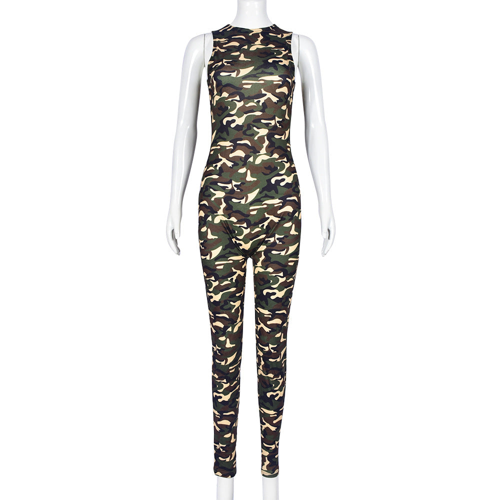 Autumn Winter Camouflage Sexy round Neck One Piece Sleeveless Long Tight Jumpsuit