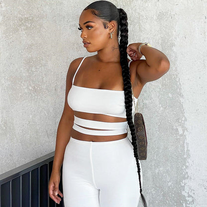 Ropa de otoño e invierno para mujer, chaleco con tirantes y pantalones de color liso con recortes, traje informal ajustado.