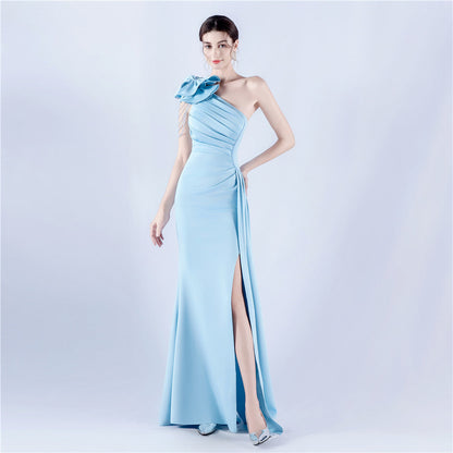Women Clothing Heavy Industry Beads Handmade Artistic Floral Pleated Craft Satin off the Shoulder High Fork Evening Dress