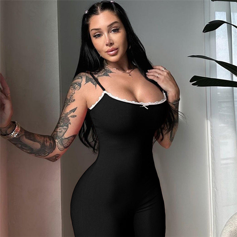 Autumn Winter Sexy Tight Low Cut Solid Color Trousers Strappy Bow Jumpsuit
