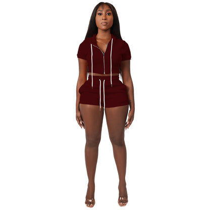 Conjunto de dos piezas con capucha, top corto y cremallera de color liso y cárdigan con cremallera para mujer