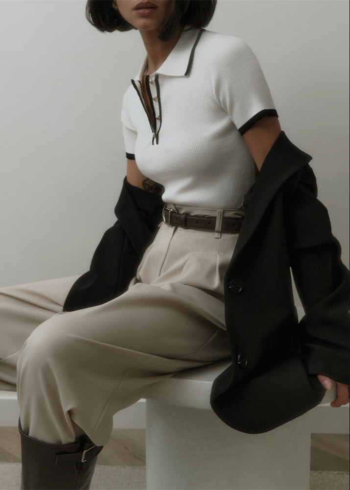 Vienna Line - Ribbed Knit Polo Top with Contrast Trim