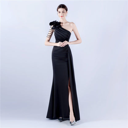 Women Clothing Heavy Industry Beads Handmade Artistic Floral Pleated Craft Satin off the Shoulder High Fork Evening Dress