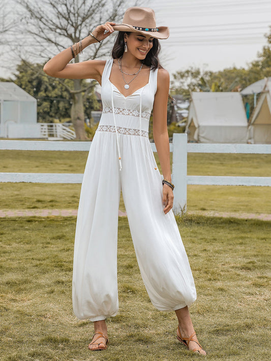 Bell Bottom Pants Drawstring Spaghetti Straps Sleeveless Hollow Out Cutout High Waist Sexy Women Jumpsuits