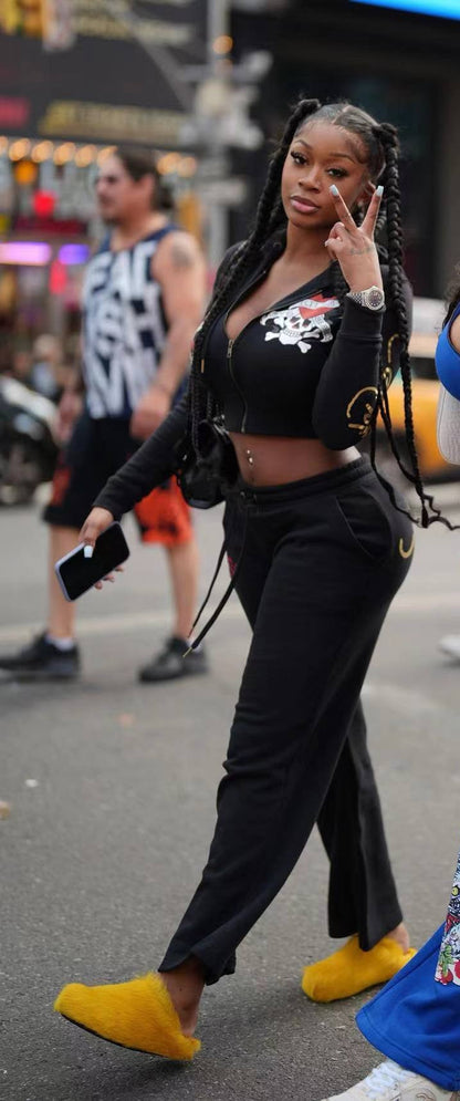 Conjunto de dos piezas para mujer, cárdigan corto básico con cremallera y estampado de calavera y corazón de Brand Street, pantalones rectos de cintura alta