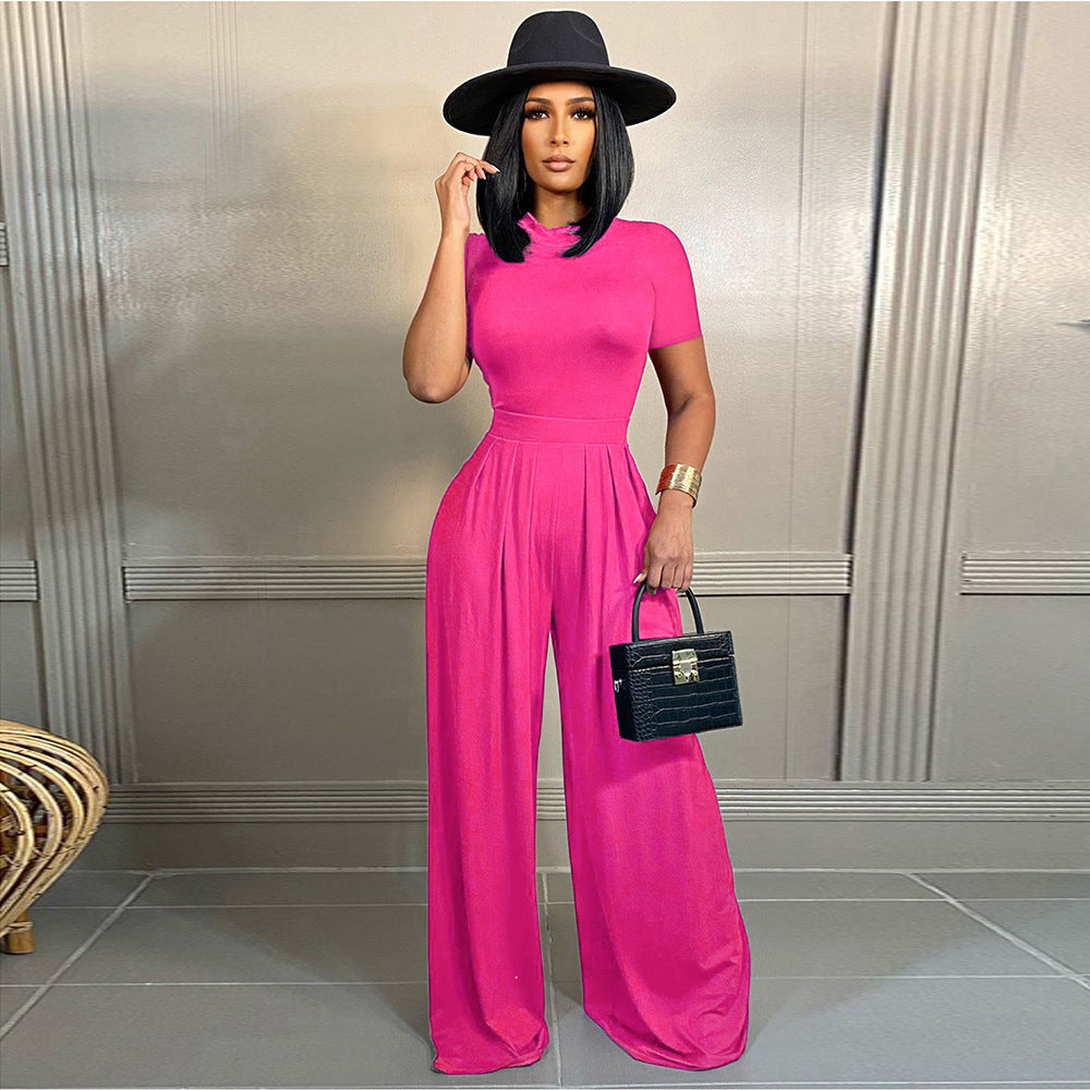 Conjunto de dos piezas de mono de manga corta y pantalones anchos de color liso para mujer