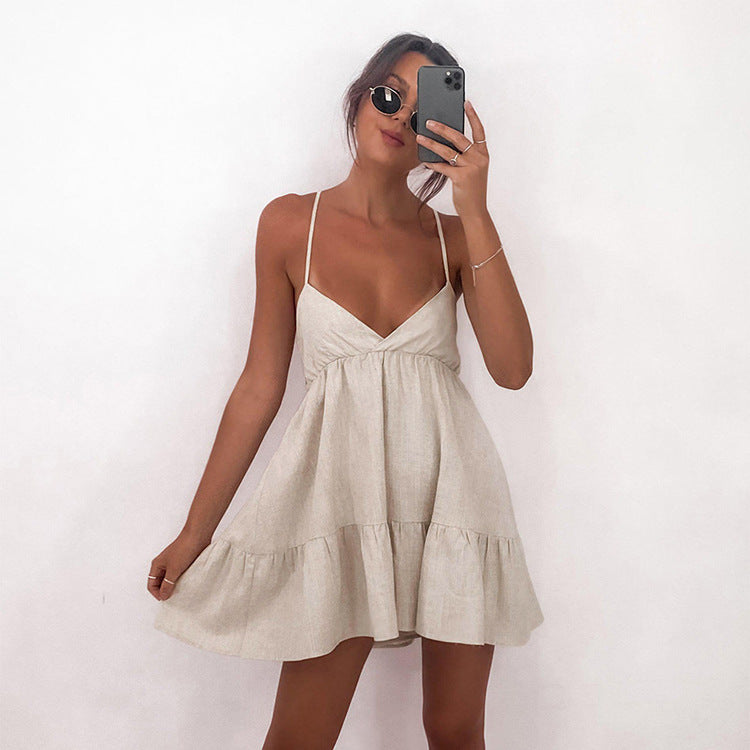 Early Spring Retro A line Slip Dress Sexy Sexy Pleated Cotton Linen V neck Dress