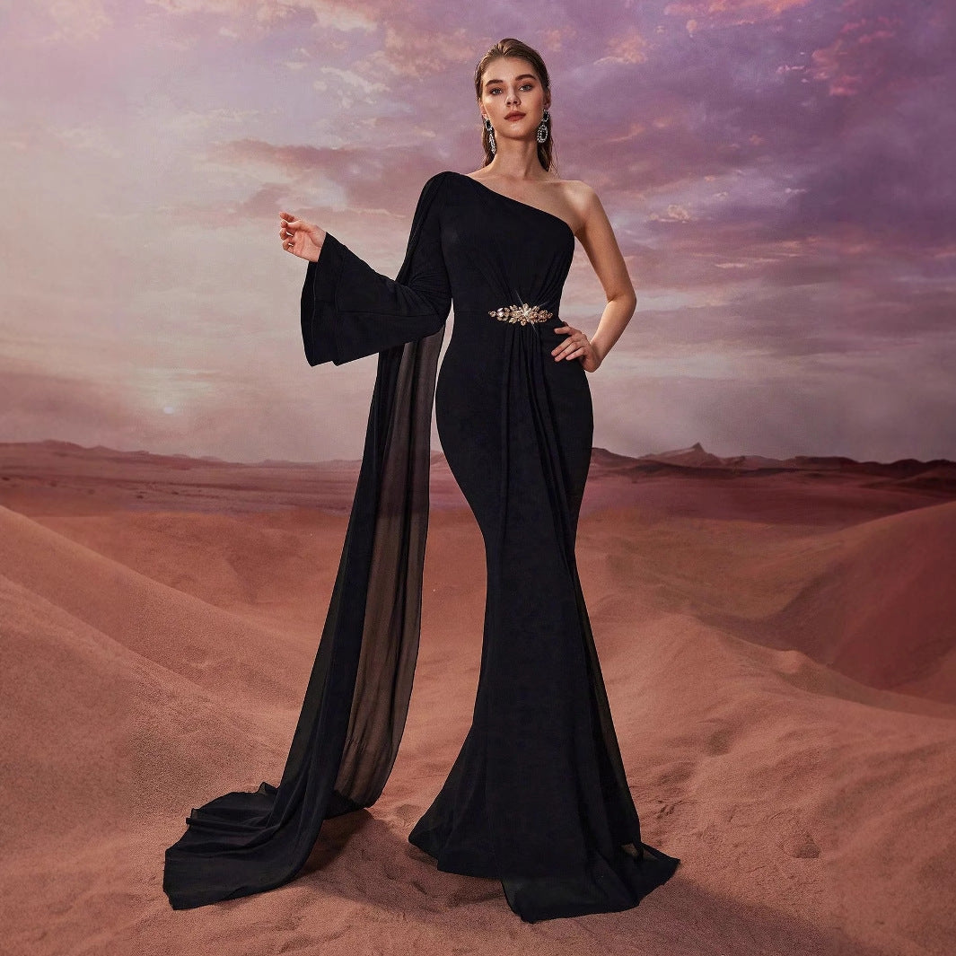 Women Evening Dresses Elegant Graceful One Shoulder Chiffon Super Long Sleeve Applique Fishtail Dress