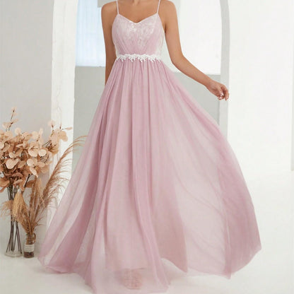 Women Suspender Evening Dress Mesh Cross Fold Lace Contrast Color Maxi Dress Summer