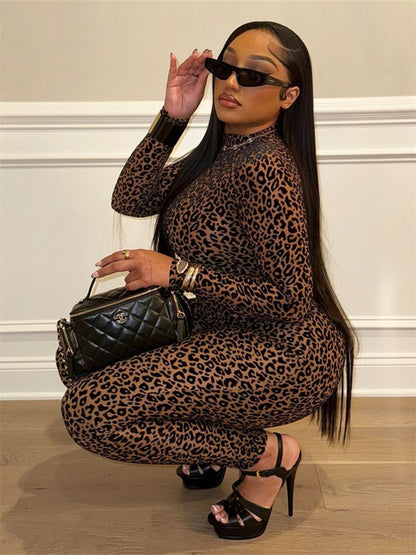 Autumn All Match Stretch Slim Fit Sexy Leopard Print Long Sleeve Jumpsuit for Women