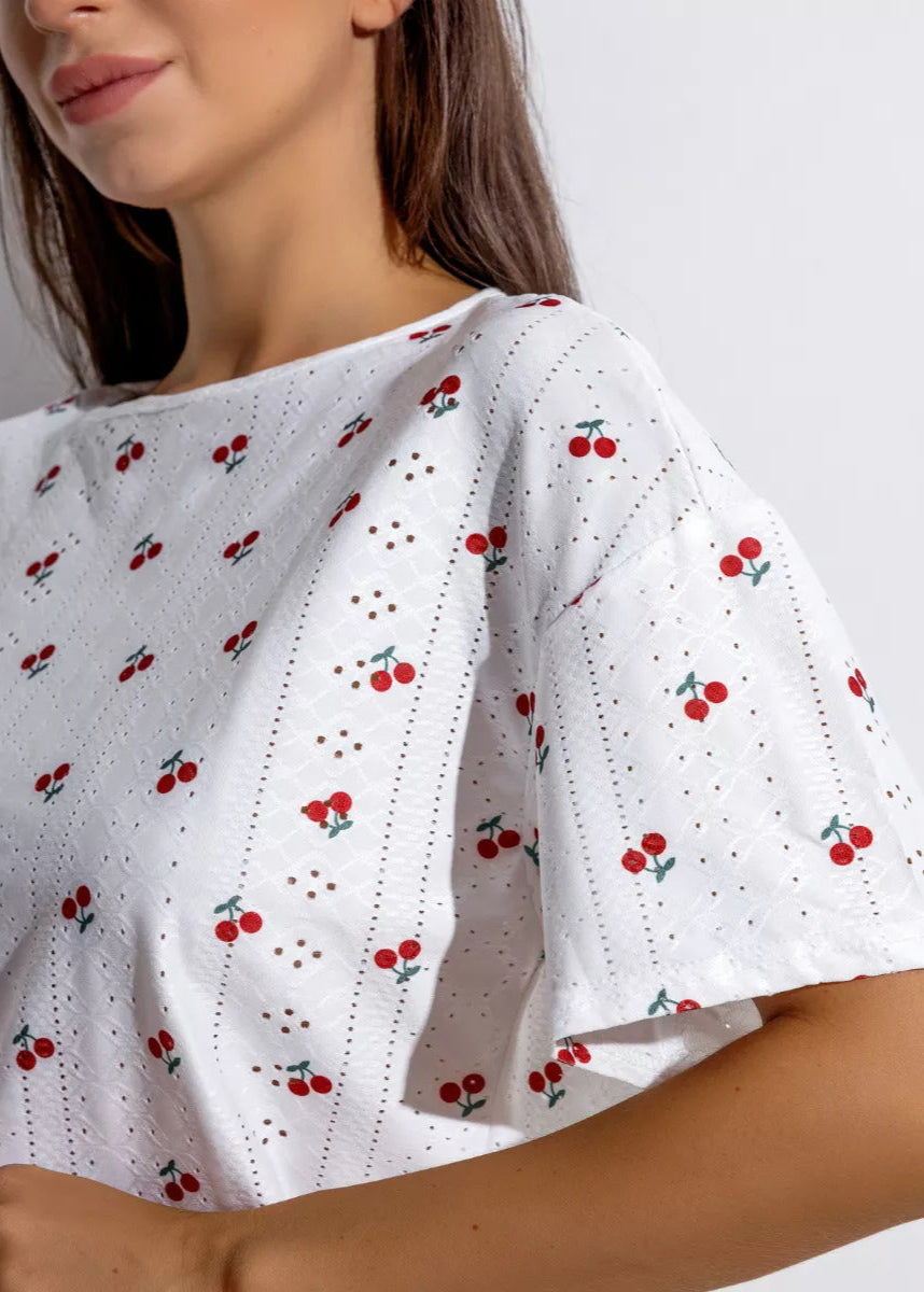 Cherry Pop - Eyelet Crop Top & Flowy Shorts Set