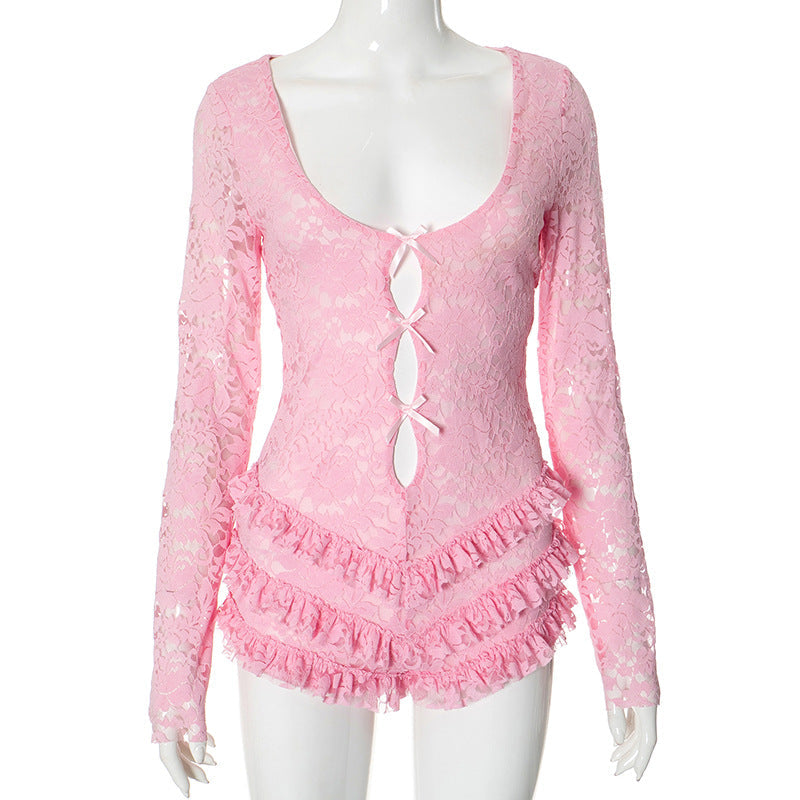 Mono ajustado sexy con cuello bajo y costuras de encaje para mujer