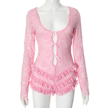 Mono ajustado sexy con cuello bajo y costuras de encaje para mujer