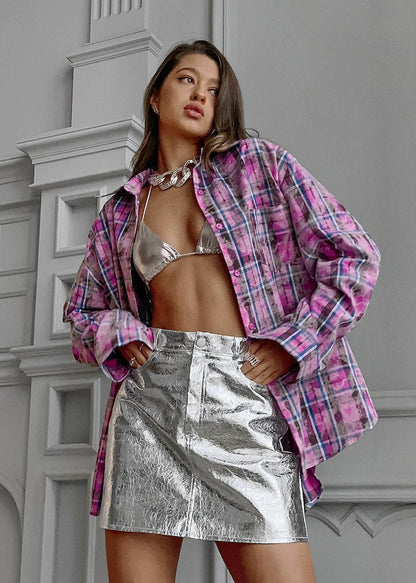 Vibrant Pink Plaid Oversized Shirt