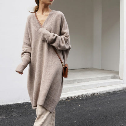 Autumn Winter Korean V Neck Sweater Mid Length Loose Sweater Women Pullover Thick Dress