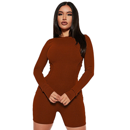 Women Clothing Spring Thread round Neck Stitching Line Casual Sports Romper