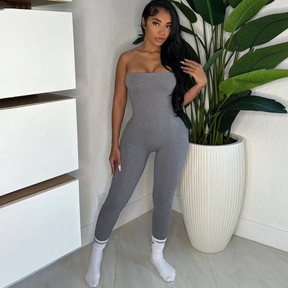 Mono deportivo ajustado sexy de otoño e invierno con parte superior de tubo sin espalda y ajustado de color sólido