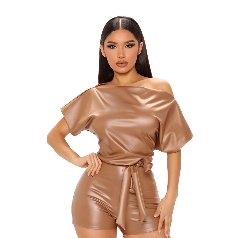 Summer Women Clothing Sexy Faux Leather Shoulder Romper With Belt