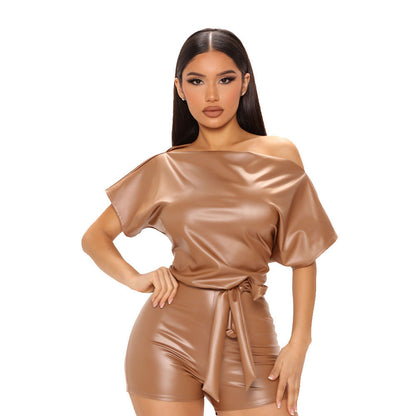 Summer Women Clothing Sexy Faux Leather Shoulder Romper With Belt