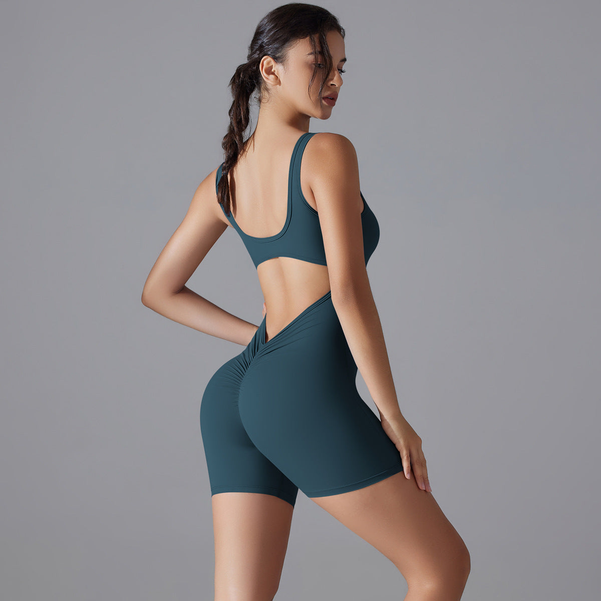 Mono de yoga sexy con escote en V y cintura alta para mujer, mono deportivo ajustado de una pieza que moldea la espalda y contrae el abdomen.